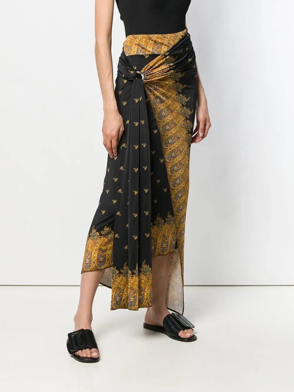 Paco Rabanne Stretch Jersey Black Wrap Skirt with Gold Paisley Trim size 38